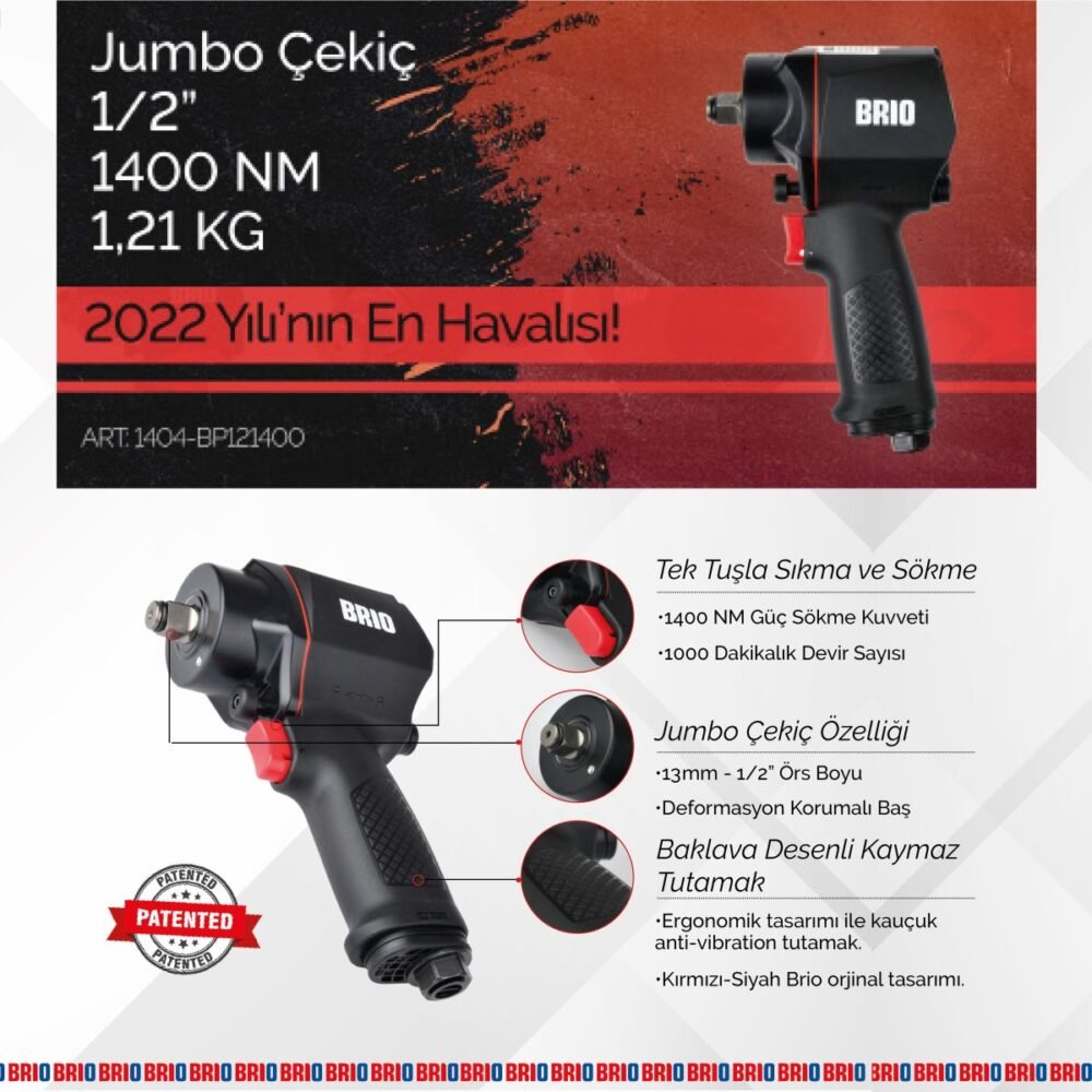 Brio Havalı Somun Sökme 1/2 1400 Nm Jumbo Çekiç 1,21 Kg - Görsel 3