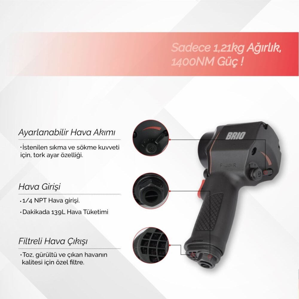Brio Havalı Somun Sökme 1/2 1400 Nm Jumbo Çekiç 1,21 Kg - Görsel 4