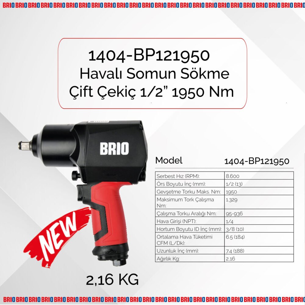 Brio Havalı Somun Sökme 1/2 1950 Nm Çift Çekiç 2,16 Kg - Görsel 2