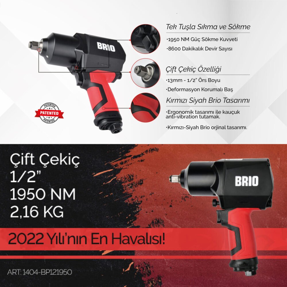 Brio Havalı Somun Sökme 1/2 1950 Nm Çift Çekiç 2,16 Kg - Görsel 3