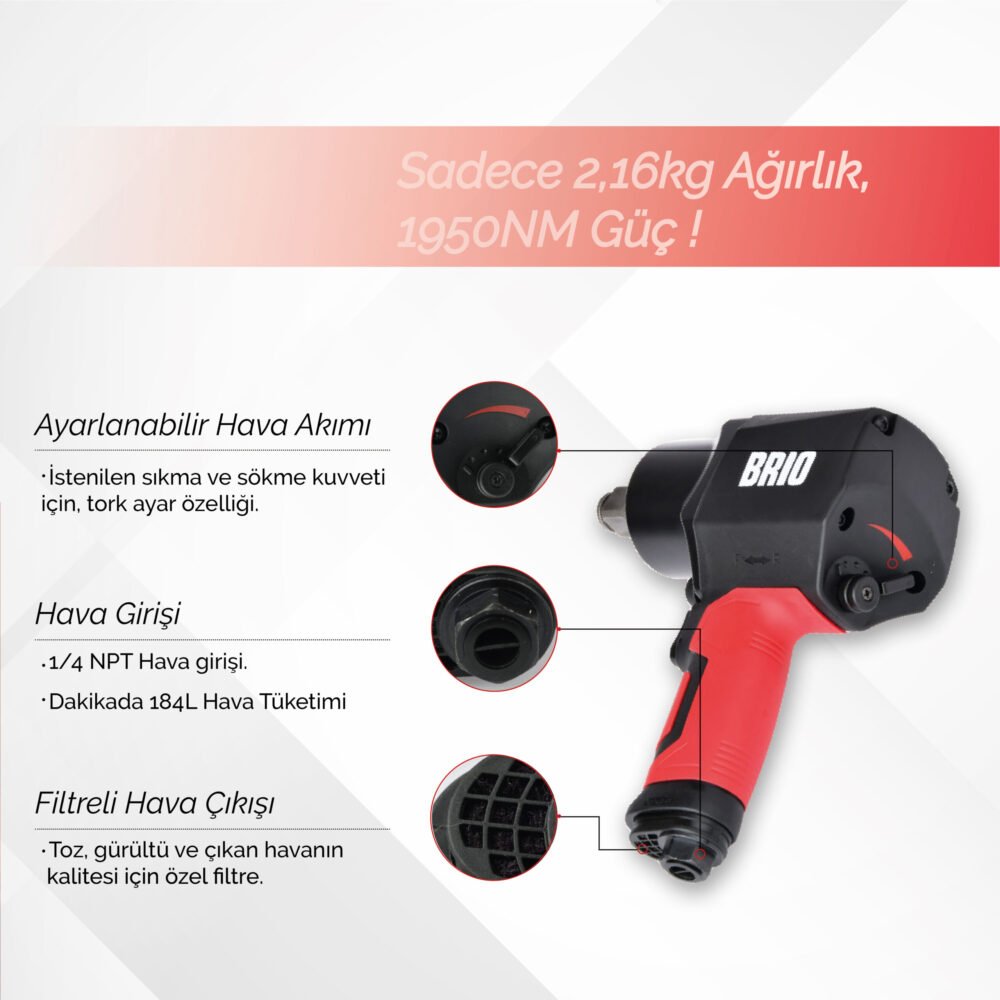 Brio Havalı Somun Sökme 1/2 1950 Nm Çift Çekiç 2,16 Kg - Görsel 4